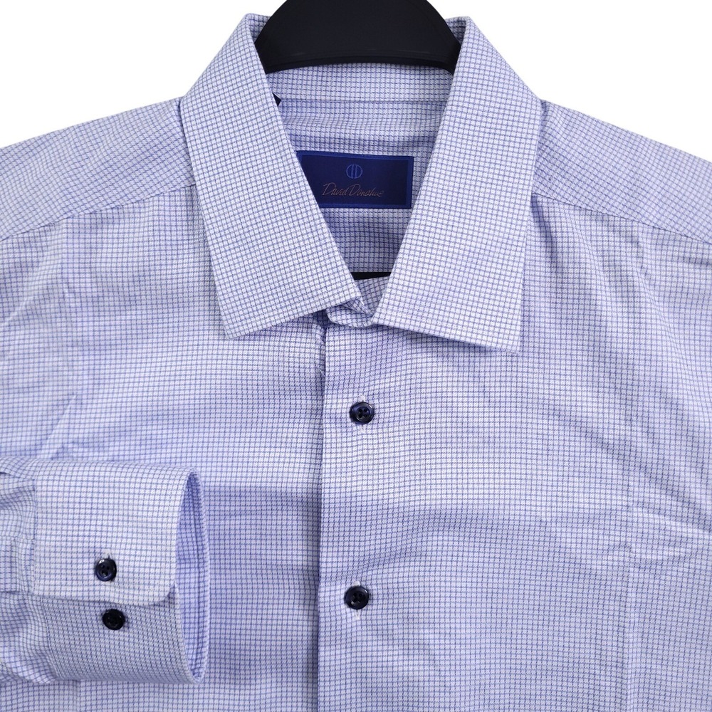David Donahue Dress Shirt Men 17 34/35 Regular Fit White Blue Check
